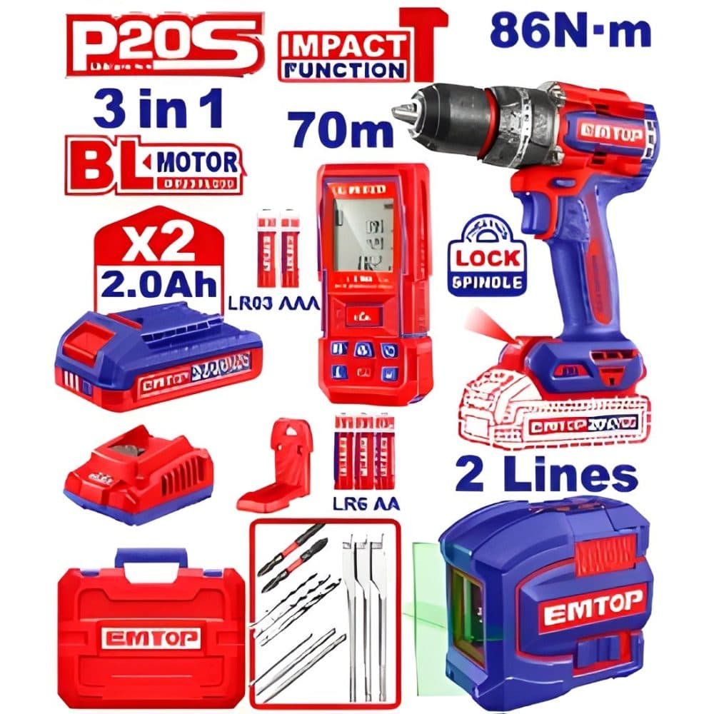 Kit Emtop Furadeira Impact Nivel Trena Laser 2 Bat