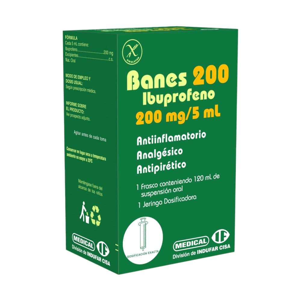 Med Anti Inflamatorio Banes Indufar 200MG 5ML Ibuprofeno 120ML